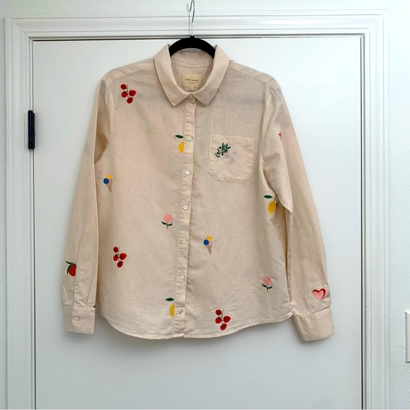 Sezane Linen Button Down with Embroidery in Ecru Size 42 - Picture 1 of 4